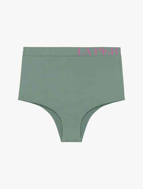 High-waisted bikini brief in khaki green with logo_7