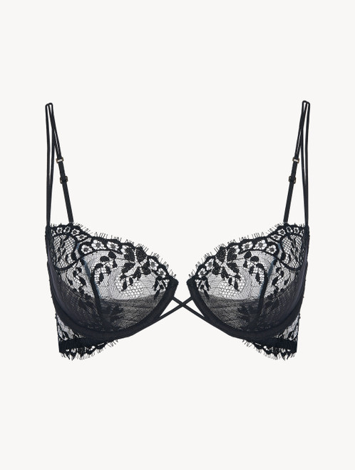 Black underwired balconette bra with Leavers lace trim_0