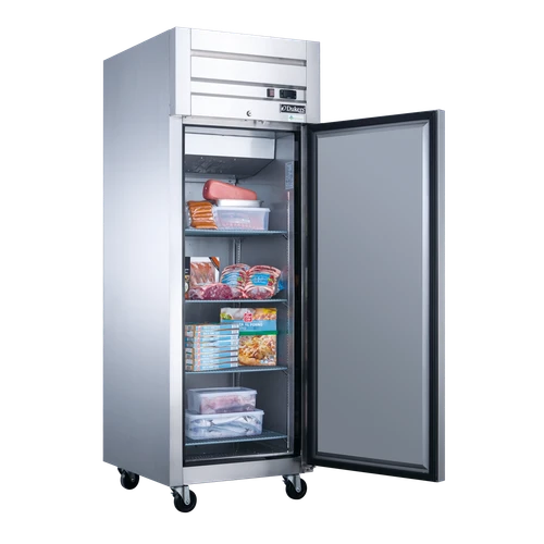 Dukers D28AR 19.11 cu. ft. stainless steel single-door commercial reach-in refrigerator with top-mounted compressor and locking solid door.