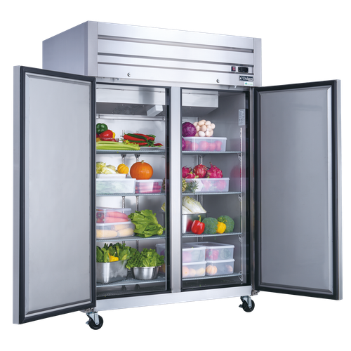 Dukers D55AF 42.29 cu. ft. stainless steel 2-door commercial reach-in freezer with top-mounted compressor and locking solid doors.