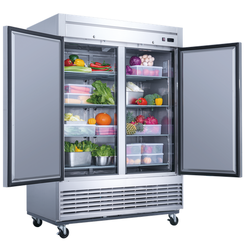 Dukers D55R 41.62 cu. ft. stainless steel 2-door commercial reach-in refrigerator with bottom-mounted compressor and locking solid doors.