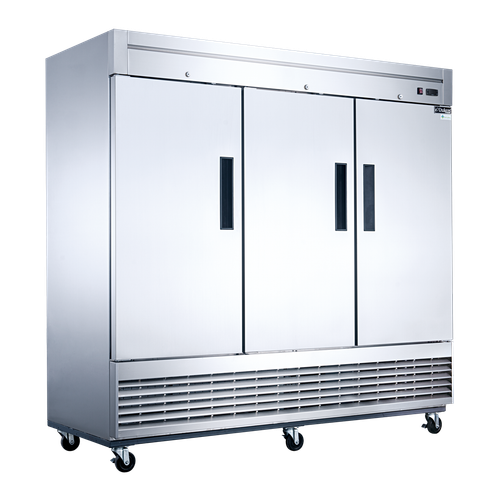 Dukers D83R 3-door commercial stainless steel reach-in refrigerator with bottom-mounted compressor and 65 cu. ft. storage capacity