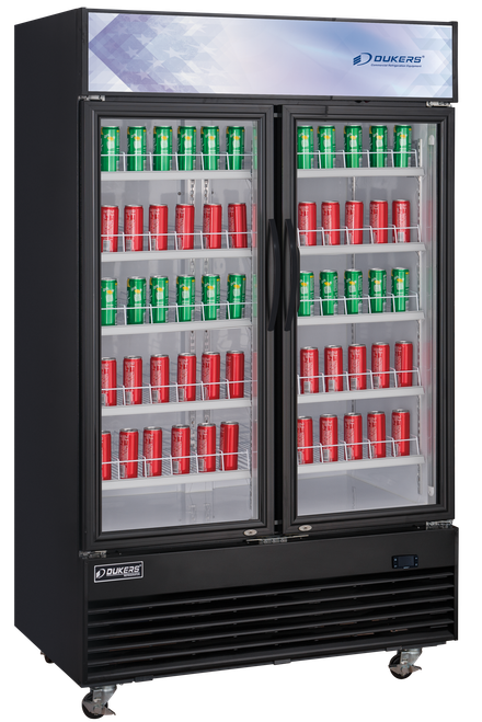 Dukers DSM-48R Commercial Glass Swing 2-Door Merchandiser Refrigerator in Black