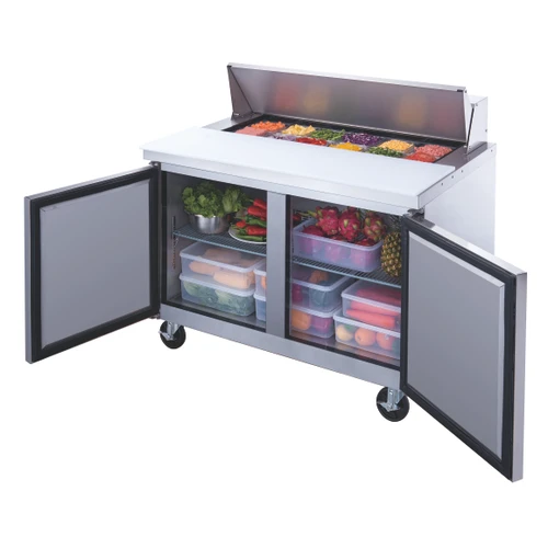 Dukers DSP48-12-S2 commercial food prep refrigerator front view doors open with food