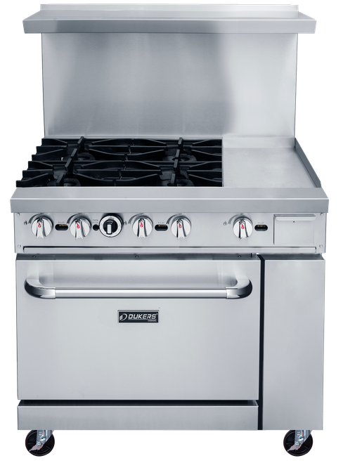 Dukers DCR36-4B12GM 36 inch commercial gas range with two open burners and 24 inch griddle