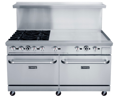 Dukers DCR60-4B36GM 36 inch commercial gas range with four open burners and 36 inch griddle