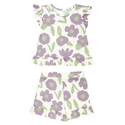 Two-Piece Short Sleeve + Shorts Ruffle Set - Purple Floral