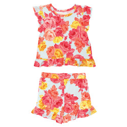 Two-Piece Short Sleeve + Shorts Ruffle Set - Rose Floral