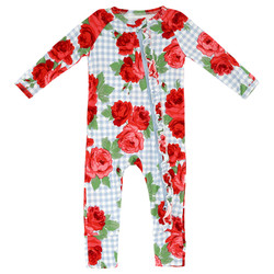 Cozy Romper - Blue Gingham + Red Roses