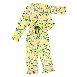 Long Sleeve Ruffled Top + Ruffled Pant with Velvet Tie - Pink Stripe + Lemons - Adult Size