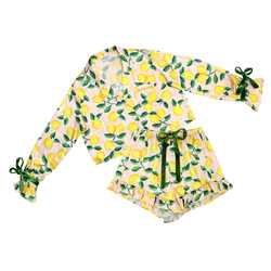 Long Sleeve Cropped Ruffled Top + Ruffled Short with Velvet Ties - Pink Stripe + Lemons - Adult Size