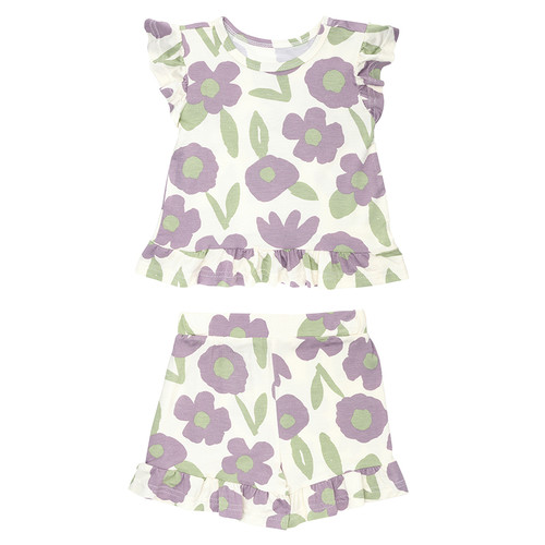 Two-Piece Short Sleeve + Shorts Ruffle Set - Purple Floral