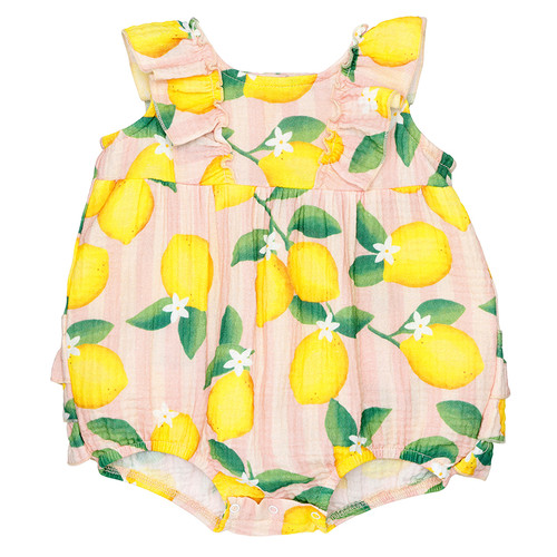 Sleeveless Bubble Romper with Ruffles - Pink Stripes + Lemons