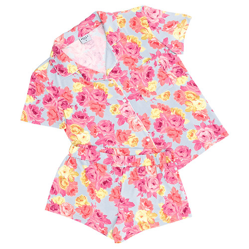 Bamboo Short Sleeve Top + Square Short - Blue + Roses - Adult Size