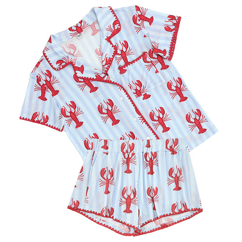 Bamboo Short Sleeve Top + Square Short with Whip Stitch - Blue Stripe + Lobsters - Adult Size