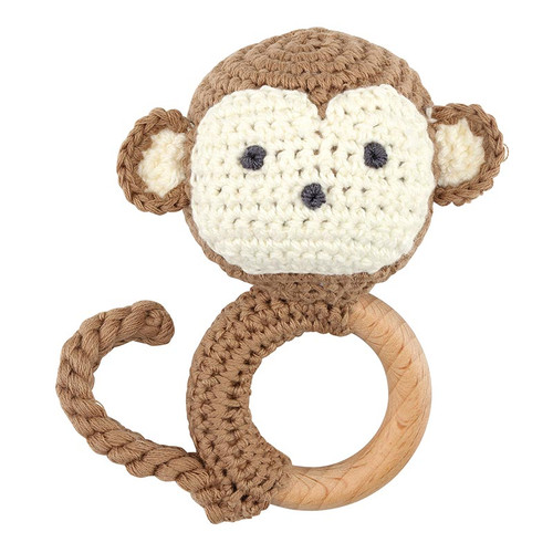 Knit Plush Rattle + Wood Ring - Monkey