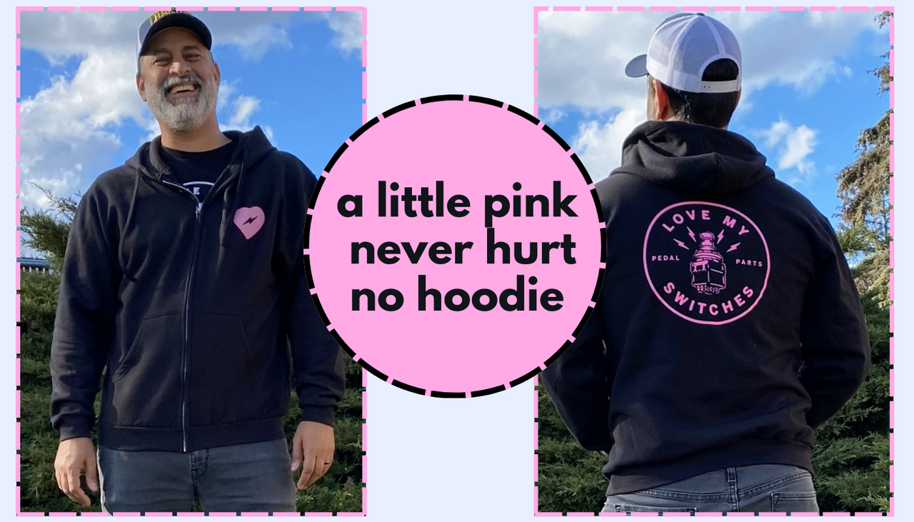 front and back image of a man wearing the LMS pink logo hoodie, text reads "a little pink never hurt no hoodie"