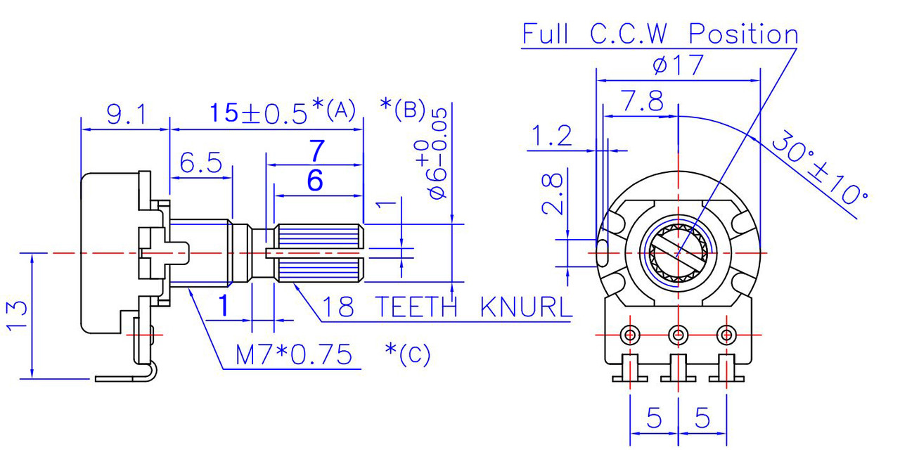 16mm Potentiometer for Guitar Pedals 18T Knurled Shaft
