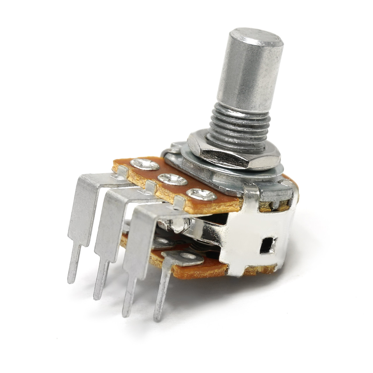 16mm Potentiometers - Dual Gang - 1/4 Smooth Shaft - Right-Angle PCB Mount