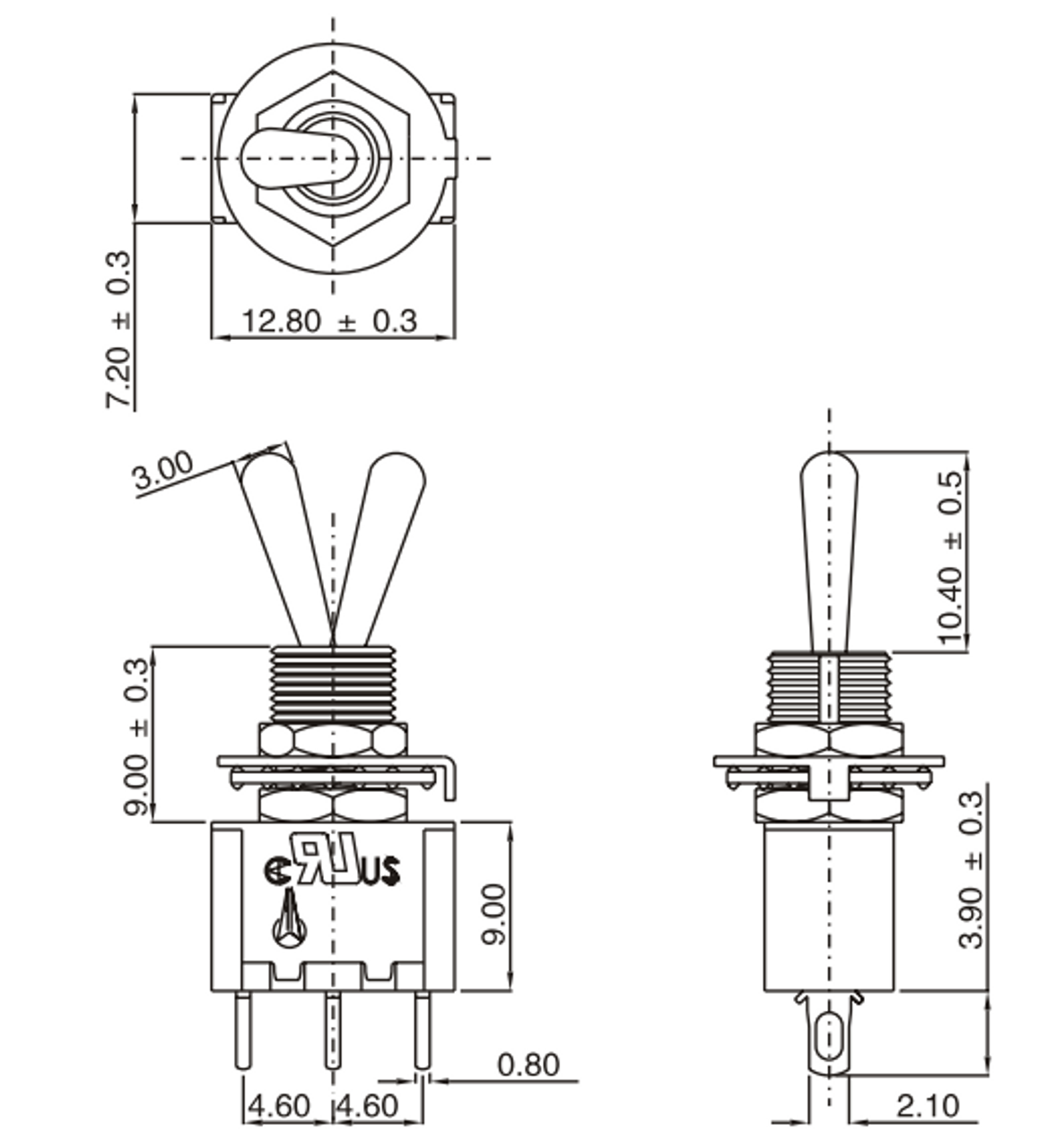 Spdt On On Switch Solder Lug Long Shaft