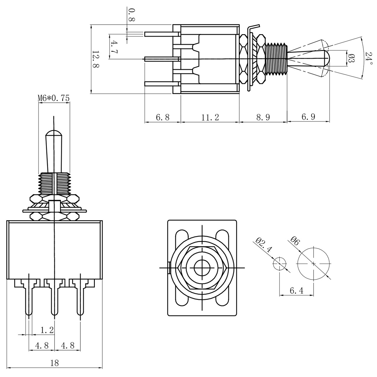 3PDT On On Switch - PCB Mount - Short Shaft - Love My Switches
