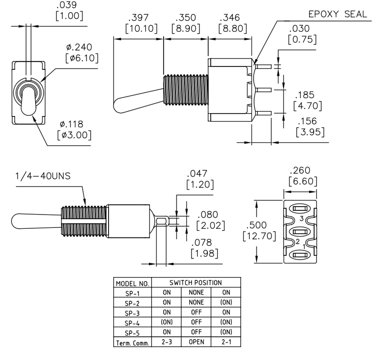 Taiway SPDT On Off On Switch - Solder Lug - Long Shaft