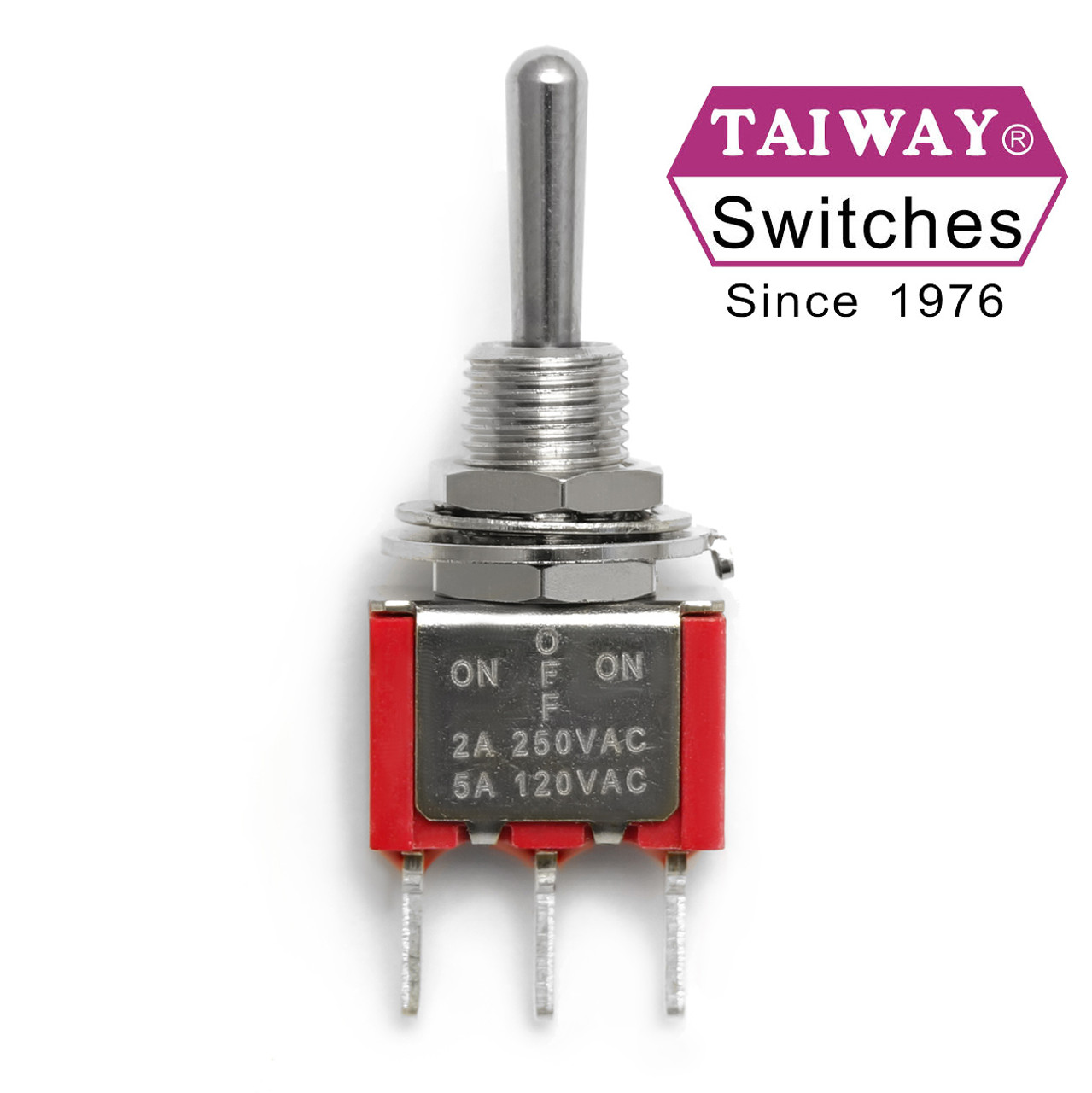 Taiway SPDT On Off On Switch - PCB - Long Shaft