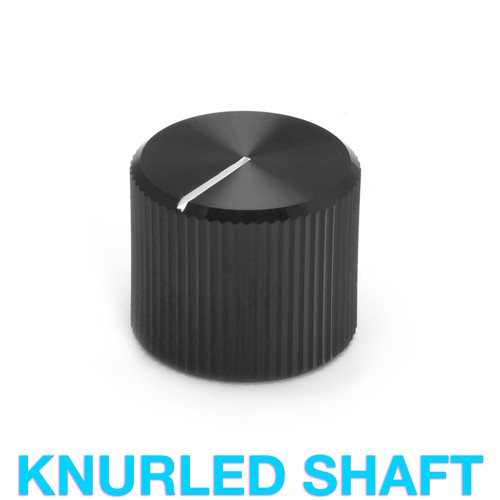 Black aluminum knob with white indicator for 18T knurled shaft potentiometer