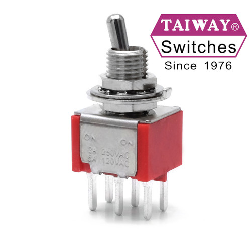 Taiway brand toggle #100-DP1-T200B1M2QE - DPDT On On Switch - PCB Mount - Short Shaft