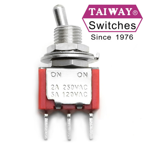 Taiway brand toggle #100-SP1-T200B1M2QE - SPDT On On Switch - PCB Mount - Long Shaft