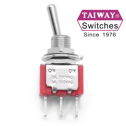 Taiway brand toggle #100-SP1-T100B1M1QE - SPDT On On Switch - PCB Mount - Long Shaft