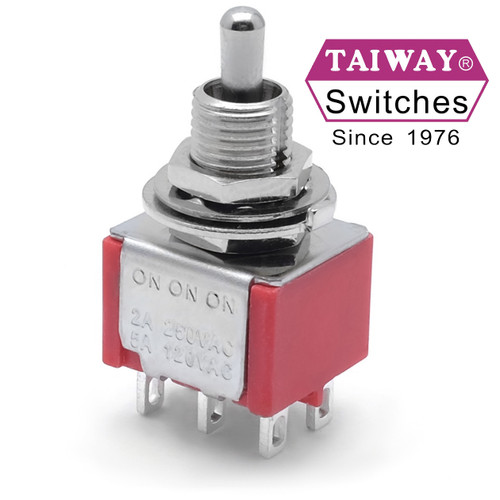 Taiway brand toggle #100-DP6-T200B1M1QE - DPDT On On On Switch - Solder Lug - Short Shaft