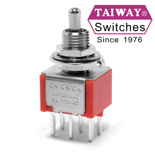 Taiway DPDT on-on-on toggle switch with PCB mount and short bat actuator