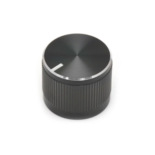 Black aluminum knob with silver finish top indicator and ring for 18T knurled shaft potentiometer - The Pharaoh
