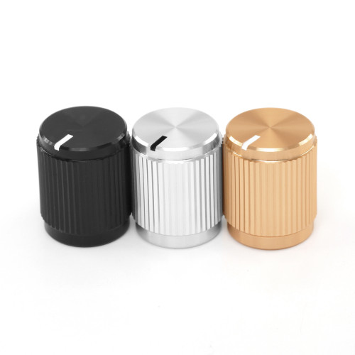 Black, silver, and gold Magpie knobs for 18T knurled shaft potentiometers