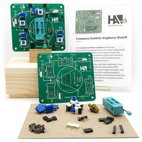 Common Emitter Explorer Board Kit includes PCB, components, PDF download instructions