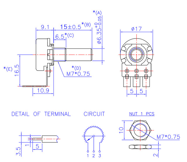 1/4" Smooth Shaft Potentiometer Right Angle PCB