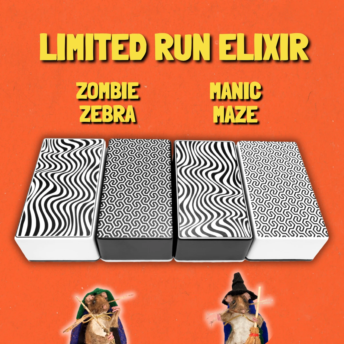 Limited Run Elixir: Zombie Zebra & Manic Maze. Two limited-run designs on black and white 125B enclosures!