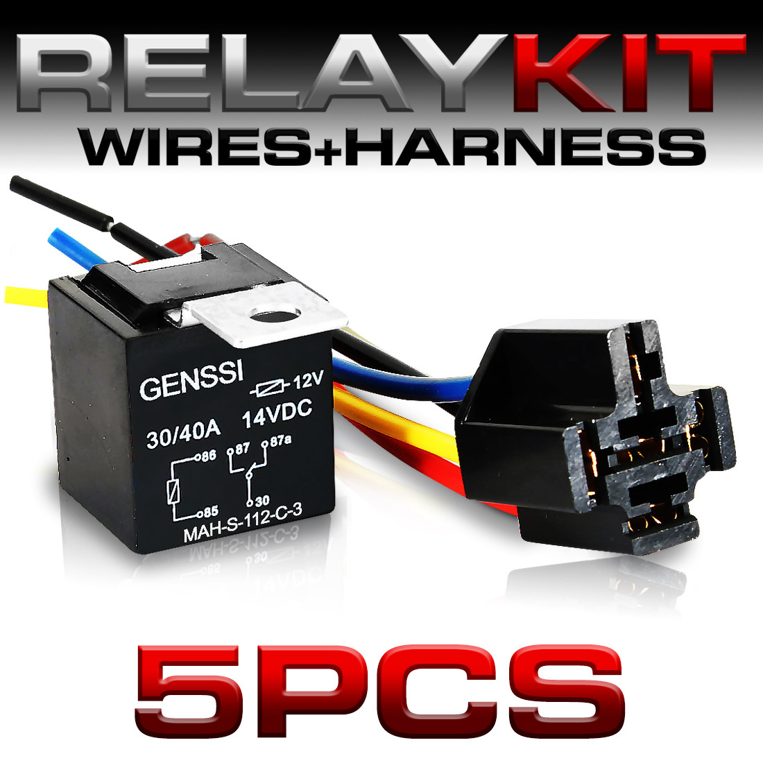 5 PIN 40A Relay and Wire Harness SPDT 12V (5 Pack) GENSSI