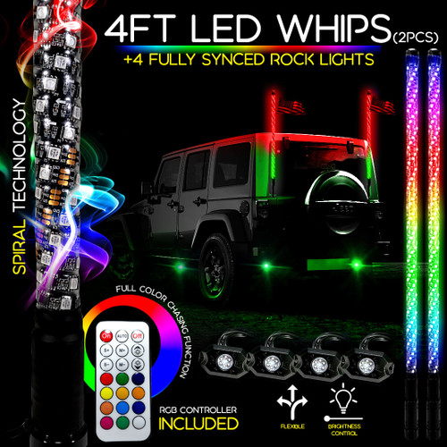 LED RGB CHASE Whip Light + Rock Lights Off Road Flag