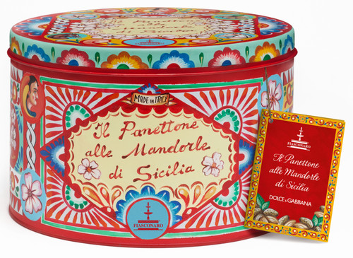 Panettone alle mandorle di Sicilia (Sicilian almonds and raisins) (1KG) Red tin design. Includes D&G Gift Bag.