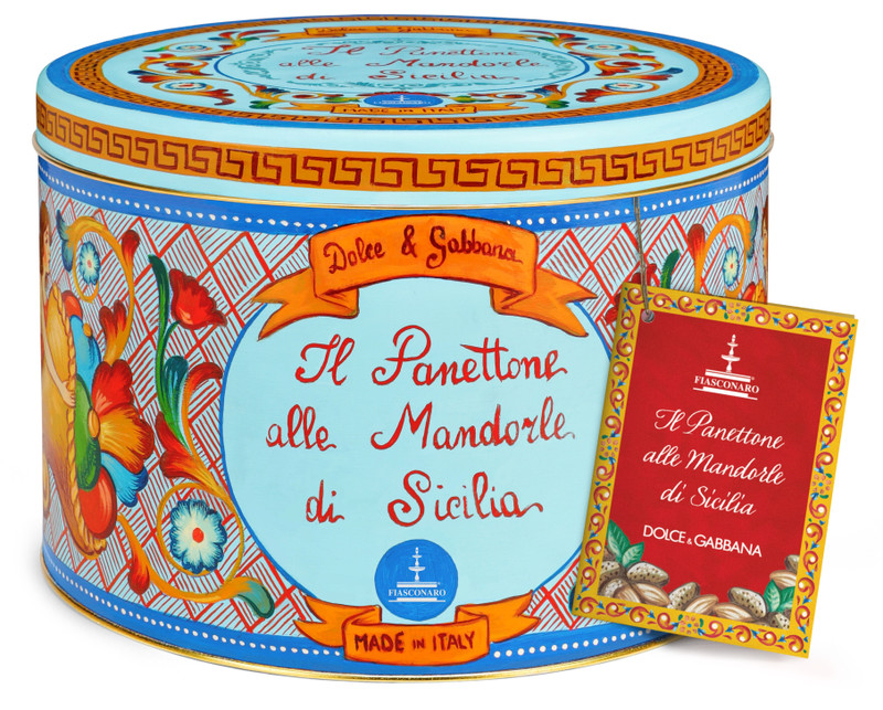 Panettone alle mandorle di Sicilia (Sicilian almonds and raisins) (1KG) Light blue tin design. Includes D&G Gift Bag Panettone alle mandorle di Sicilia (Sicilian almonds and raisins) (1KG) Light blue tin design. Includes D&G Gift Bag