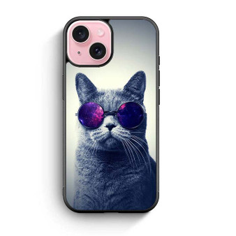 Hipster Cat With Galaxy Glasses iPhone 15 Case