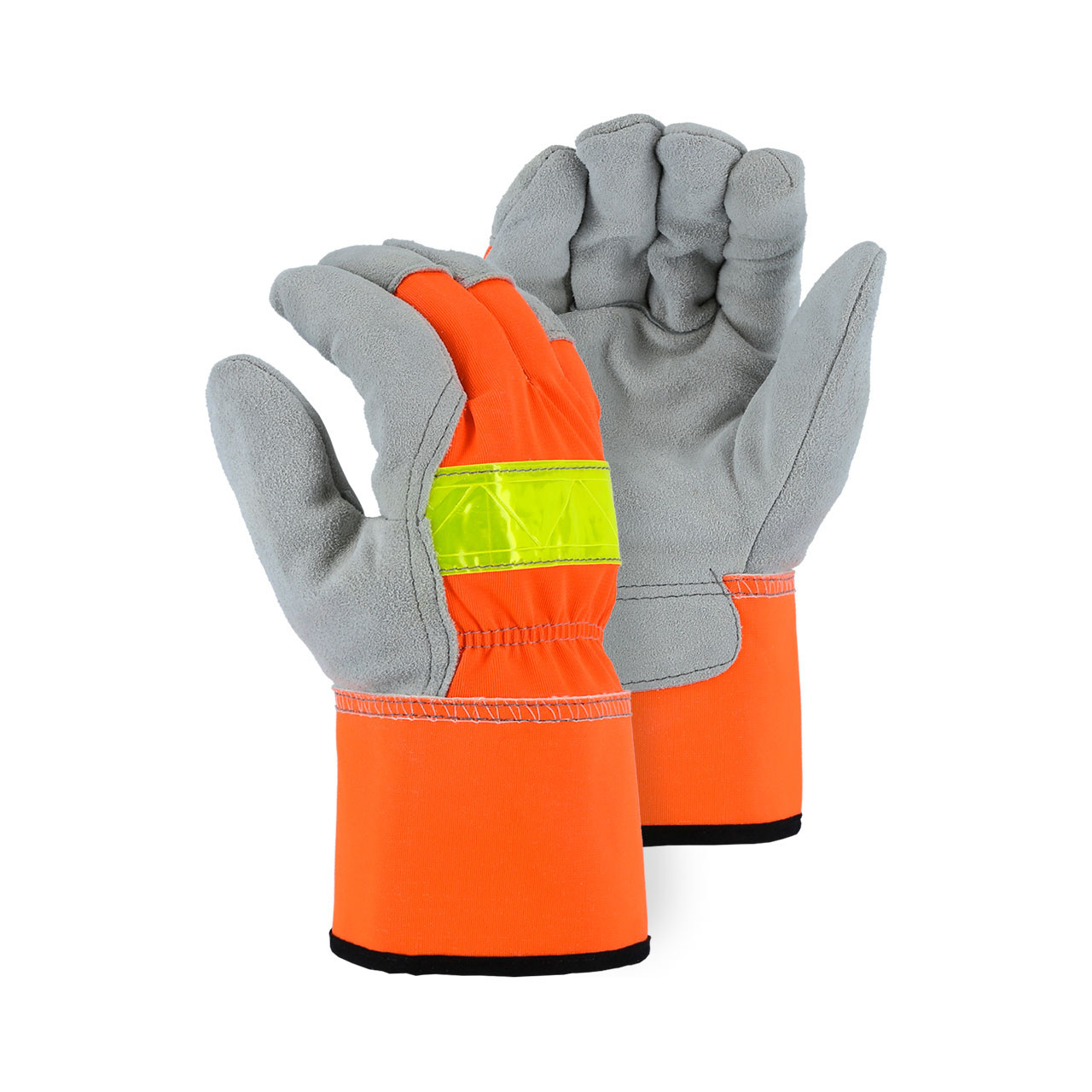 Majestic 1960 High Visibility Split Pig Winter Lined Gloves w/ Orange Safety Cuff, Box/12 Pairs - 8