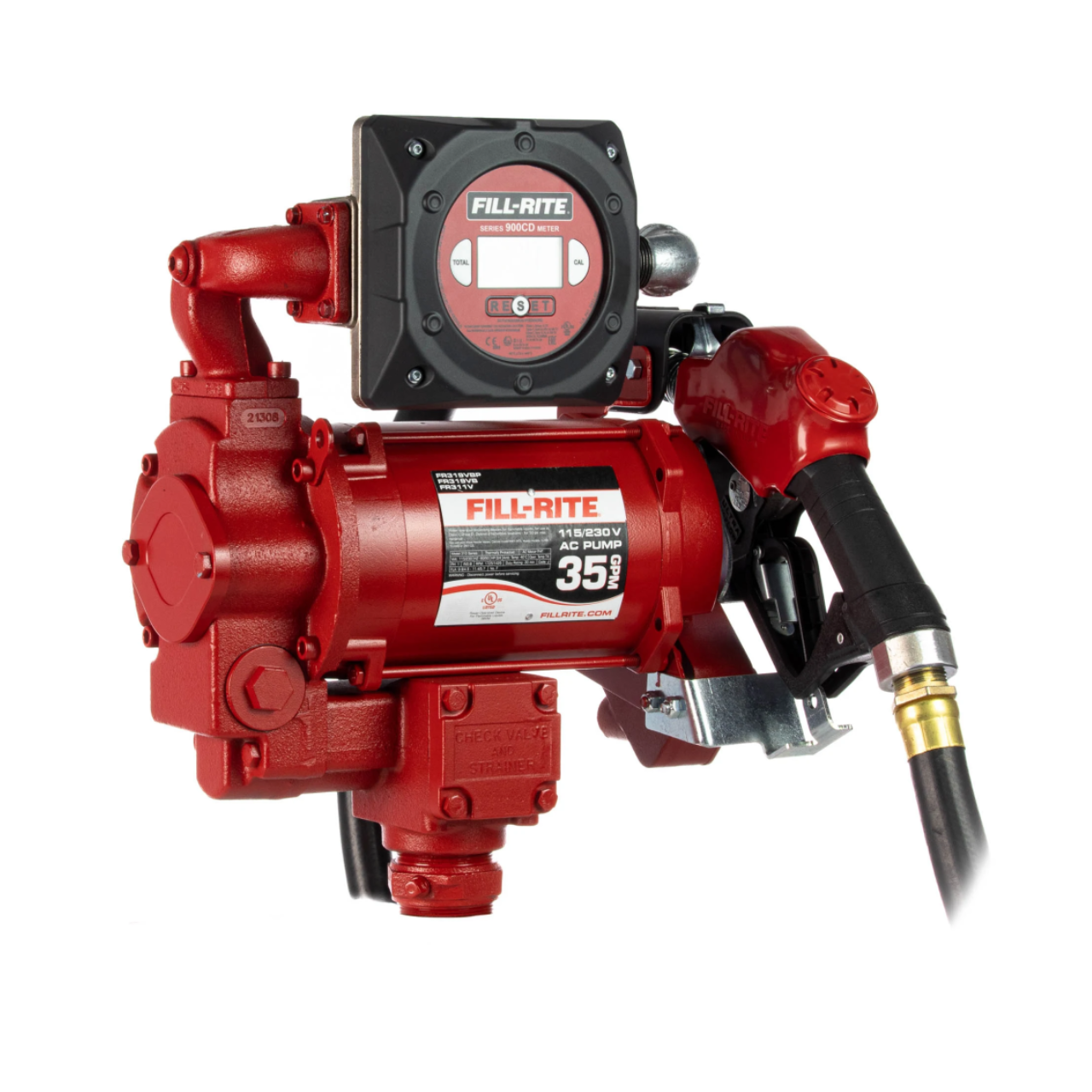 Fill-Rite FR319VB 115/230V AC High Flow Fuel Transfer Pump w/ Auto Nozzle  and Digital Meter - 35 GPM