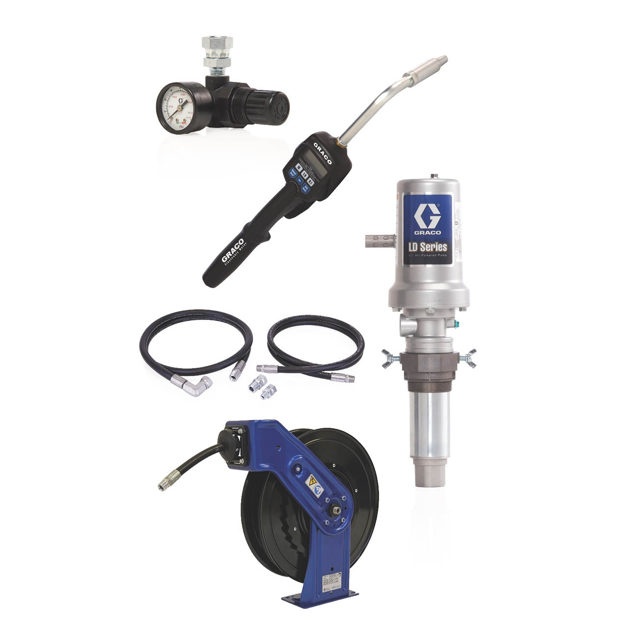 Graco 24K796 LD Series 5:1 Deluxe Oil Pump w/ SD Series 1/2 in. x 50 ft. Hose  Reel Kit, Rigid Ext. - John M. Ellsworth Co. Inc.