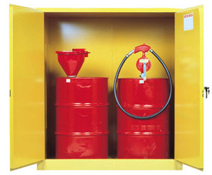 Justrite Yellow Vertical Drum Storage Cabinet - 2 Door Manual W/ Drum Rollers - 2x 30 Gallon Drums