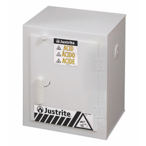 Justrite White Solid Polyethylene Cabinets for Acids - 1 Door Countertop - Six 2.5 liter bottles