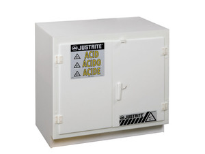 Justrite White Solid Polyethylene Cabinets for Acids - 2 Door Undercounter - Thirty-six 2.5 liter bottles