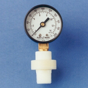 Plast-O-Matic Series GGME 1/4 in. x 1/2 in. NPT Miniature Viton Gauge Guard with 2 1/2 in. Face SS Pressure Gauge - 0-30 PSI